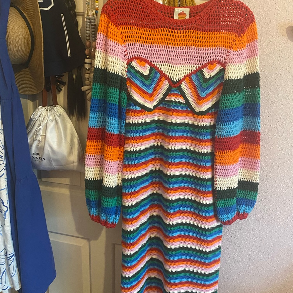 FARM Rio Multicolor Long Sleeve Crochet Dress